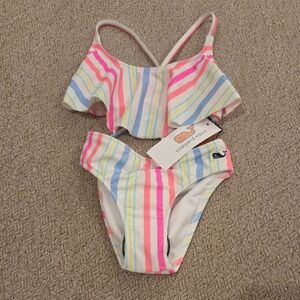 Vineyard Vines Girls' Pastel Multi-Stripe Ruffle Two-Piece - Pink, Blue, Yellow